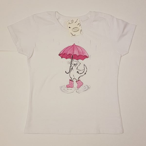 Рисувана тениска "Коте с чадър"