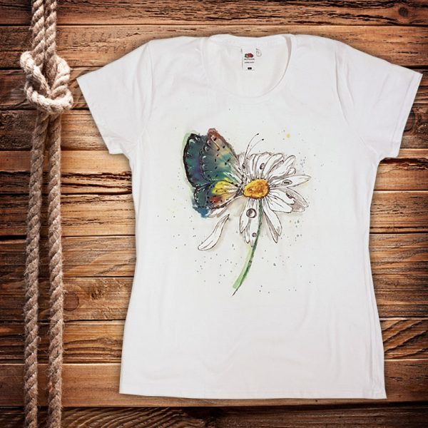 Рисувана тениска "Маргаритка с пеперуда"