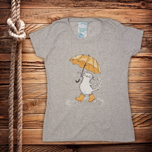 Рисувана тениска "Коте с чадър"