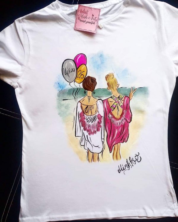 Ръчно рисувана дамска тениска "Приятелки завинаги"