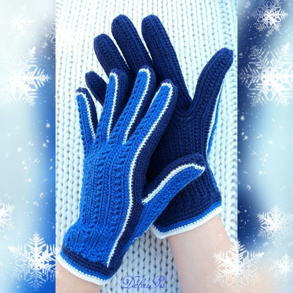 Плетени ръкавици "Зимни - тъмно светло сини с бял контур"