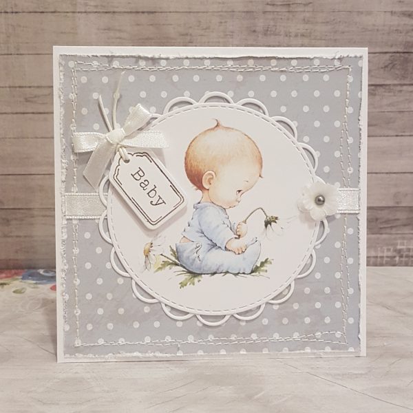 Ръчно изработена картичка за новородено "Бебе с маргаритка" FLO007