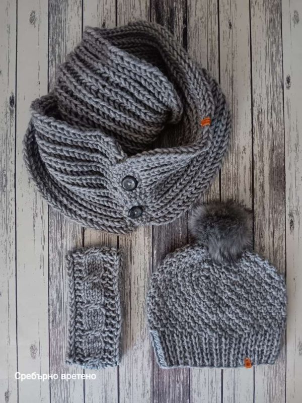 Дизайнерски ръчно плетен зимен комплект от шал 2в1 и лента "Калина"