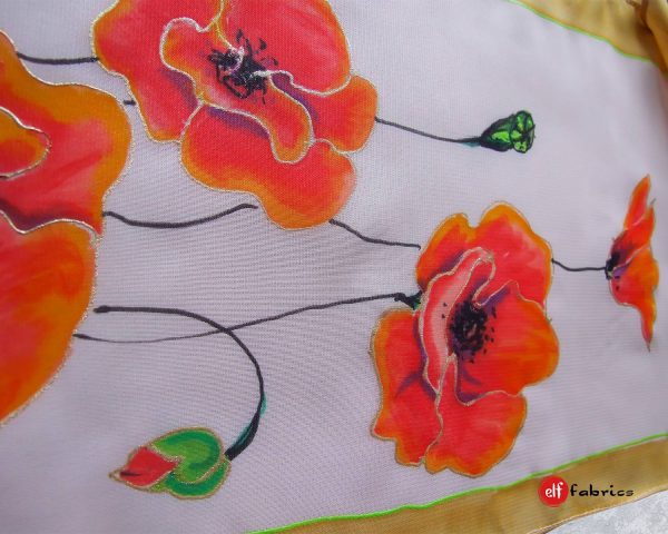 Рисувани копринени шалове с макове, подарък за 8 март - по поръчка