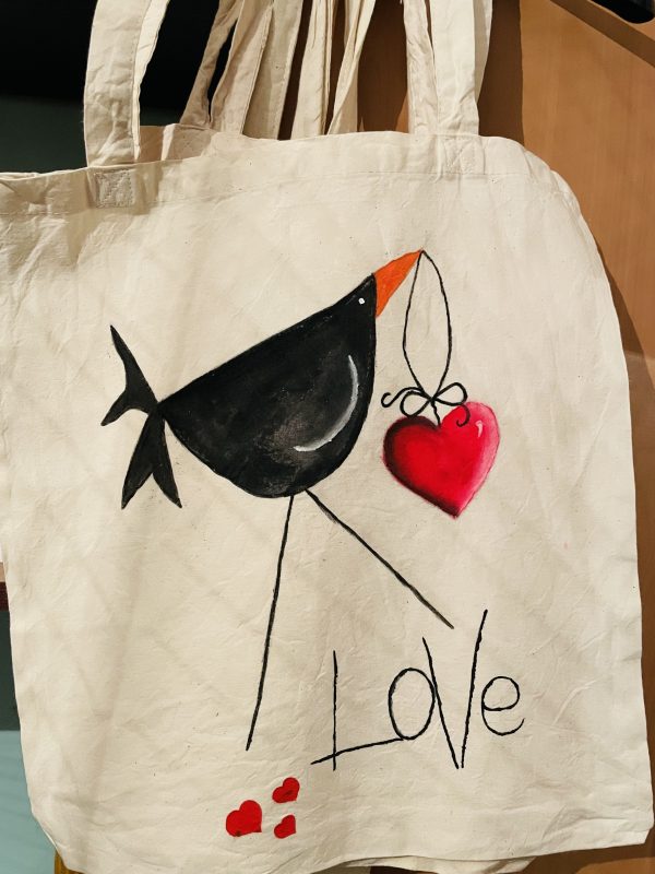 Ръчно рисувана торба - Tote bag - Черно птиче