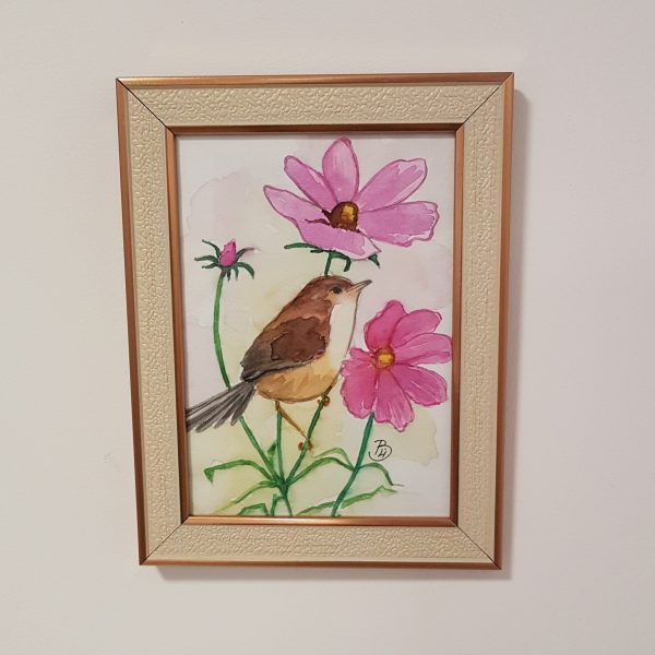 Картина акварел "Пиле с цветя"