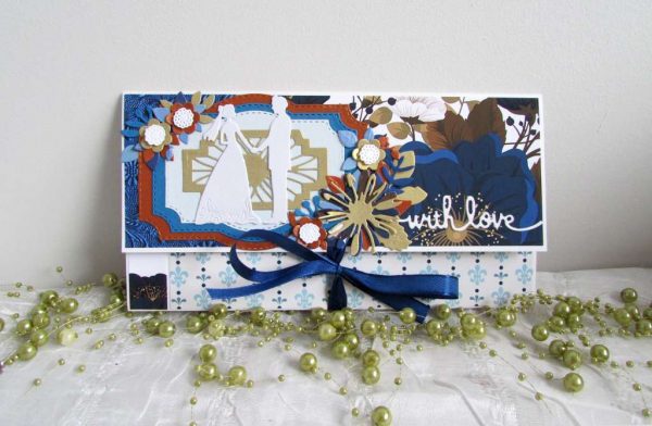 Луксозна сватбена картичка плик в бяло, синьо и златно