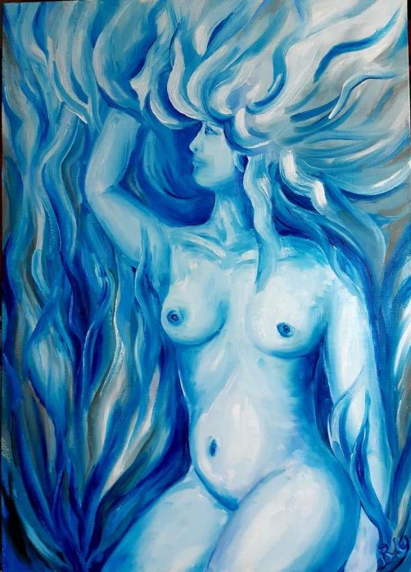 Увереност - картина в синьо и бяло на женско тяло