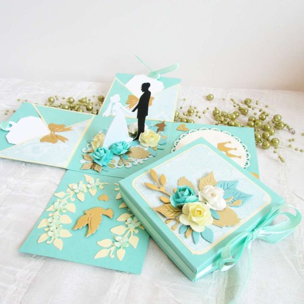 3Д сватбена картичка кутийка в нежно синьозелено