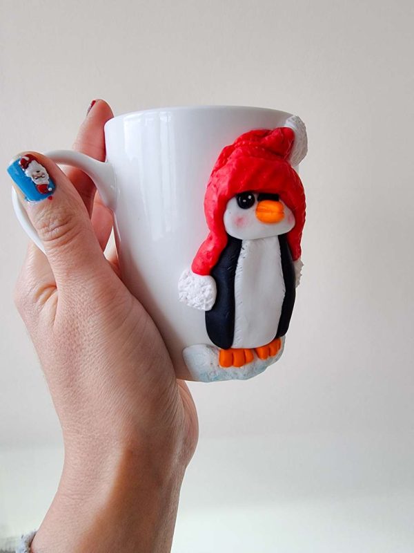Чаша с пингвин, декорирана с полимерна глина