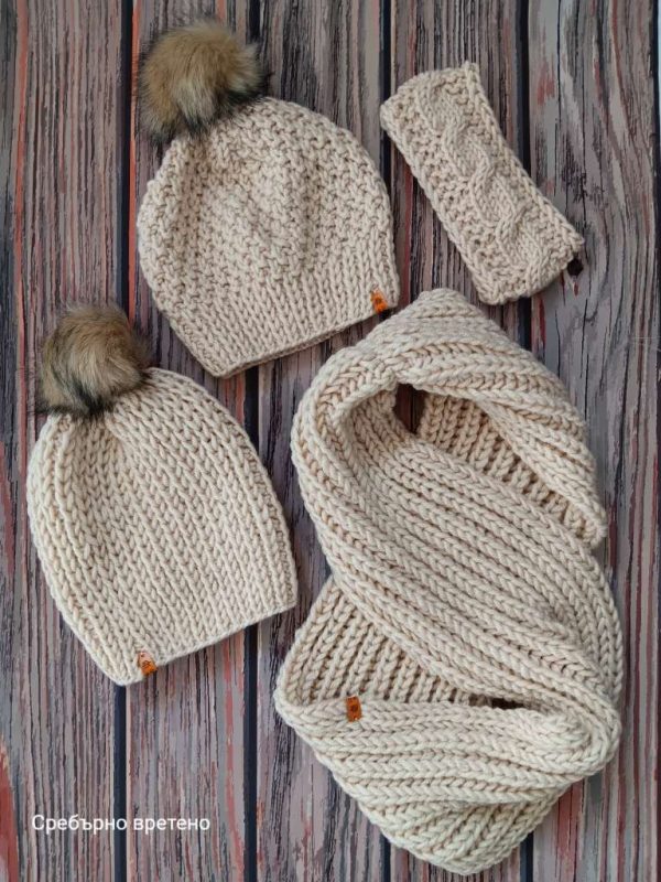 Ръчно плетен дамски двулицев шал и зимна шапка с помпон „Стамена“