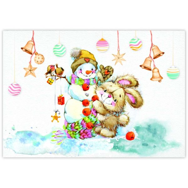 Коледен плик с картичка "Снежен човек със зайче", FLO290
