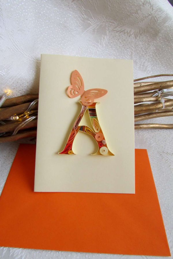Квилинг картичка с буква А - като Ани, Анелия, Атанаска
