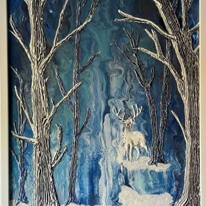 Белият елен - абстракция, пейзаж, картина в синьо и бяло