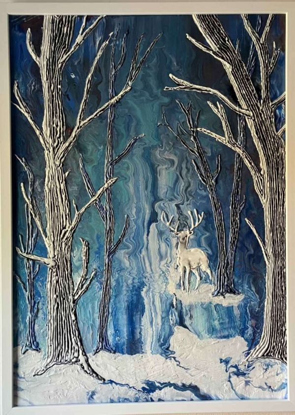 Белият елен - абстракция, пейзаж, картина в синьо и бяло