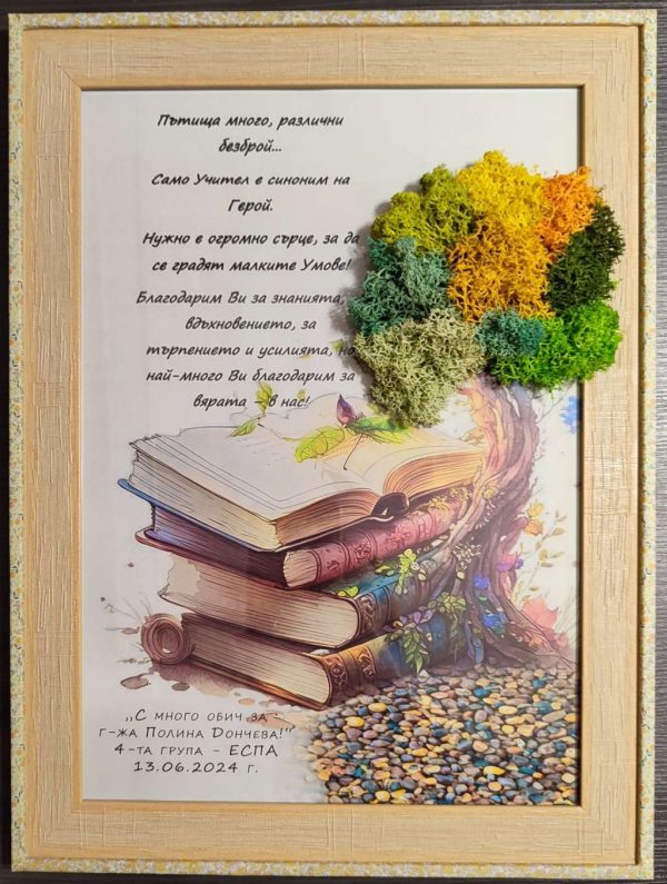 Картина/рамка за учител със скандинавски мъх,книги и послание
