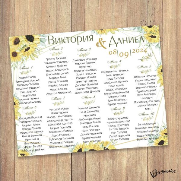 Сватбено табло за настаняване "Слънчогледи"