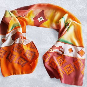 Шал с бизон и кон в оранж, 100% коприна, по поръчка