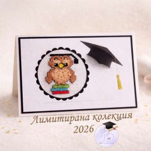 Картичка- плик с бродерия за дипломиране с бухалче Картичка- плик с бродерия за дипломиране с бухалче