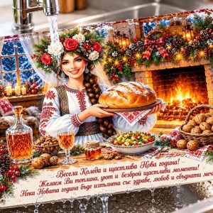 Коледна стъклена дъска за рязане с българска девойка и питка