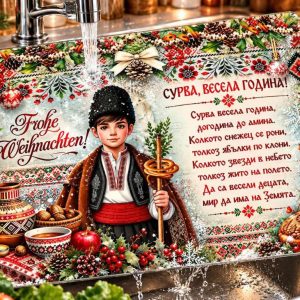 Коледна стъклена дъска за рязане с коледар и български мотиви