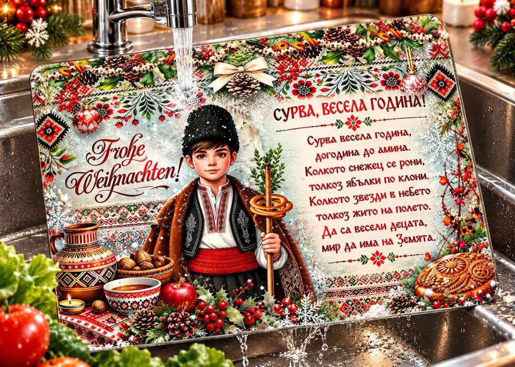 Коледна стъклена дъска за рязане с коледар и български мотиви Коледна стъклена дъска за рязане с коледар и български мотиви