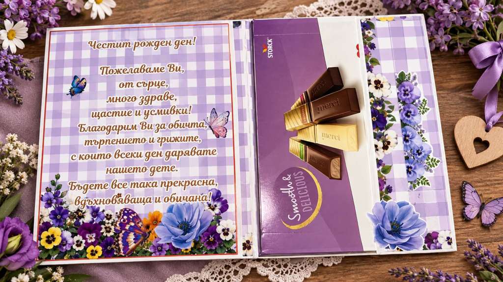 Поздравителна картичка с бонбони Мерси Поздравителна картичка с бонбони Мерси